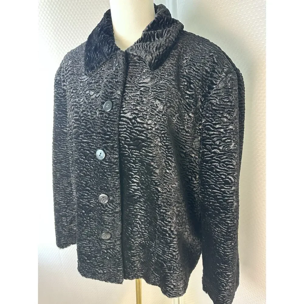 VTG Persian Lamb Faux Fur Jacket Coat Black 20w 1x Rena Rowan Luxe